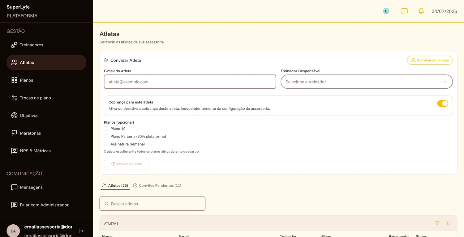Backoffice da SuperLyfe — gestão de atletas