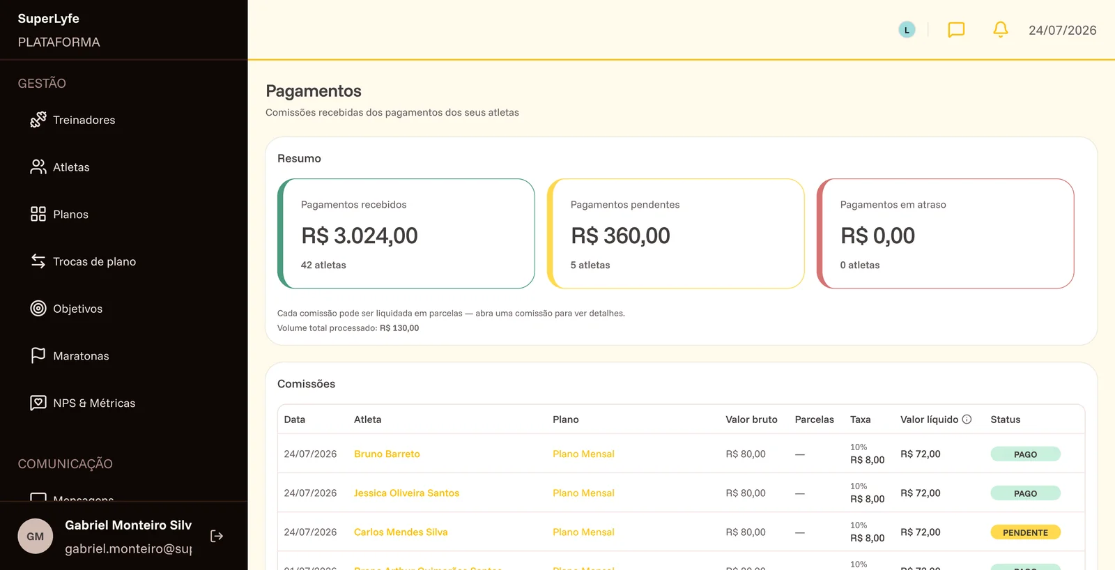 Pagamentos e comissões na plataforma da SuperLyfe